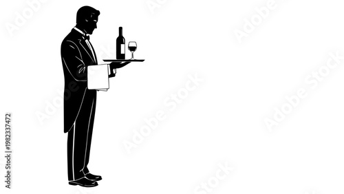 Silhouette of a waiter holding a tray with wine bottle and glass