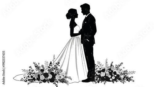 Elegant bride in a beautiful wedding dress with floral decorations standing against a