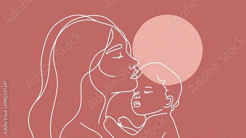 Minimalist line art depicts maternal affection shared between a mother figure and an infant.