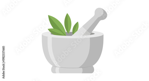 Stone mortar and pestle with fresh green herbs.