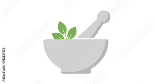 Icon of a stone mortar and pestle with fresh green herbs.