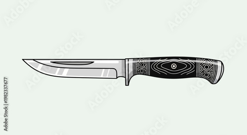 Vintage style illustration of a fixed blade hunting knife with a wooden handle.