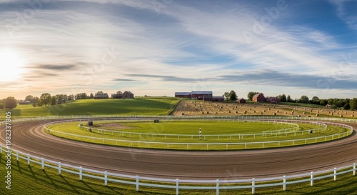Panoramic view of a race track with grassy infield under a blue sky