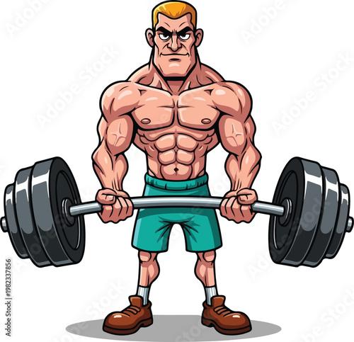 Muscular cartoon man lifting weights, bodybuilding illustration, fitness character, gym workout vector