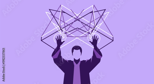 A man gesturing towards a complex geometric structure floating above his hands.