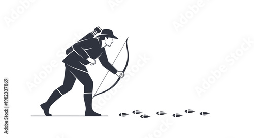 Silhouette of a hunter tracking animal footprints with a bow and arrow.