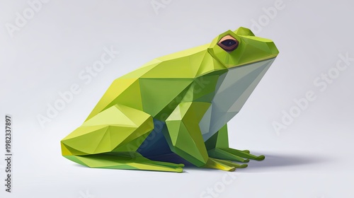 Bright green geometric amphibian representation sits against a light background.