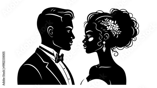 Silhouette of a man and woman facing each other in formal attire