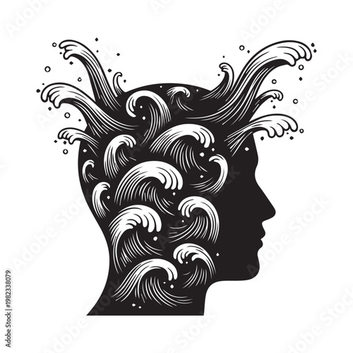 A powerful abstract illustration shows waves swirling within the silhouette of a human head, representing complex thoughts or overwhelming emotions.