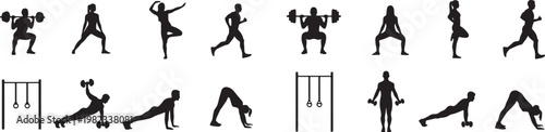 Black silhouette fitness icons, exercise vector graphics, workout illustrations, athletic poses