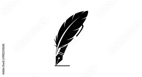 Black silhouette of a classic quill pen writing on paper.
