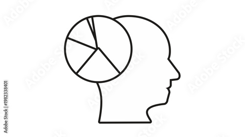 Black vector icon illustration of a human head profile with a pie chart inside, representing data analysis, psychological insights, mental statistics, cognitive processing, and logical thinking.
