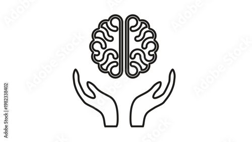 Mental health care and support vector icon illustration featuring two hands gently cupping a human brain, symbolizing psychology, neurology, mindfulness, therapy, and emotional well-being concept.