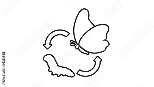 Minimalist black vector icon illustrating the butterfly life cycle with a caterpillar and butterfly connected by circular arrows, representing metamorphosis, growth, and transformation.