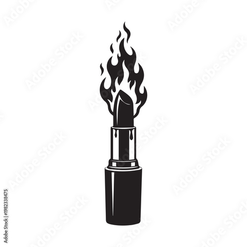 A striking black and white illustration depicts a lipstick with vibrant flames erupting from its tip, symbolizing intense passion, confidence, and a powerful statement.