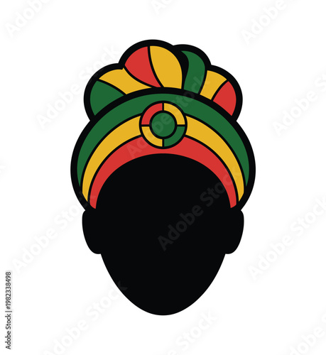 Head silhouette wears a colorful turban.