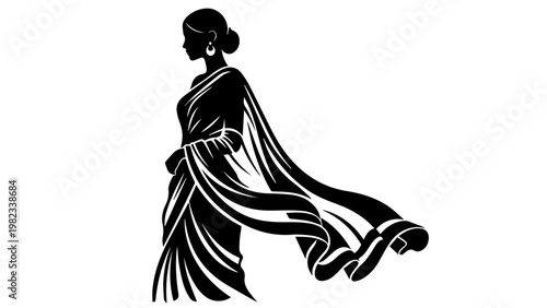 A gray silhouette of a woman in a flowing dress