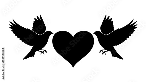 Dark gray silhouette of two doves with heart symbol
