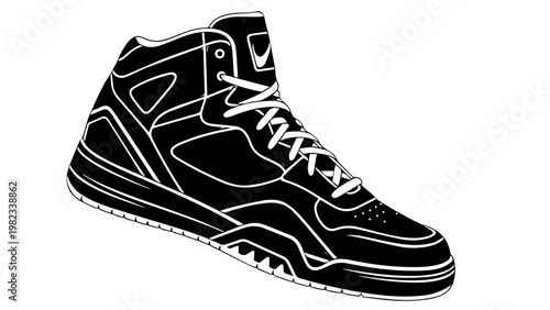 A black hightop sneaker with laces and a thick sole