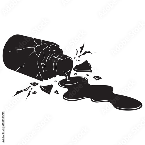 A dramatic black silhouette shows a broken nail polish bottle lying on its side, spilling its dark contents with shattered glass fragments scattered around.