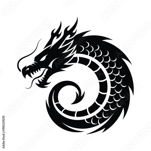 Black dragon head with sharp teeth and scales curled up  mythical creature