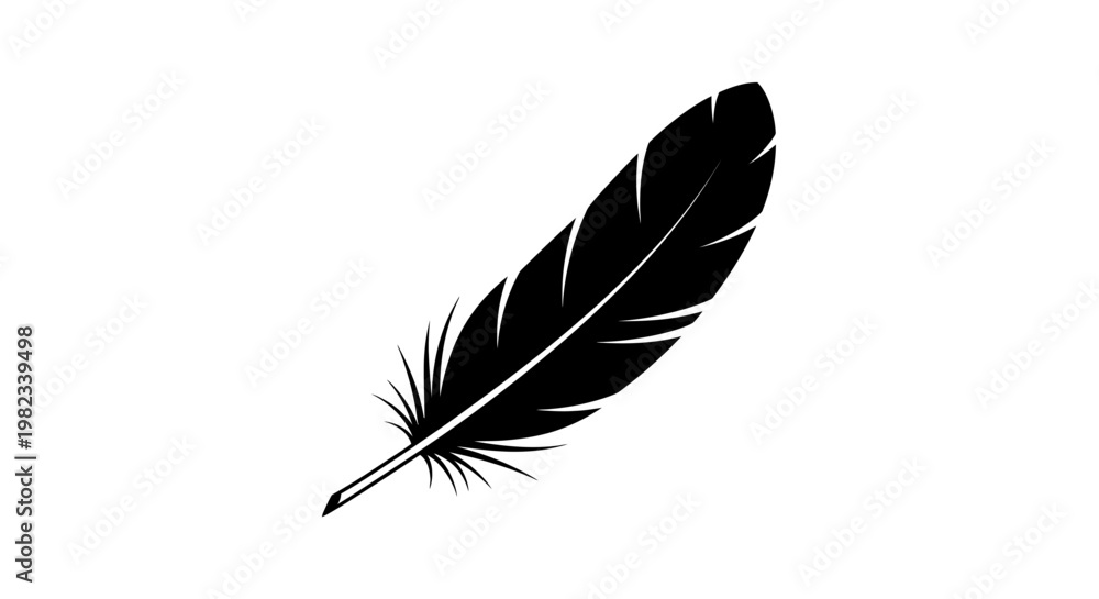 Fototapeta premium Black silhouette of a single bird feather isolated on white background.