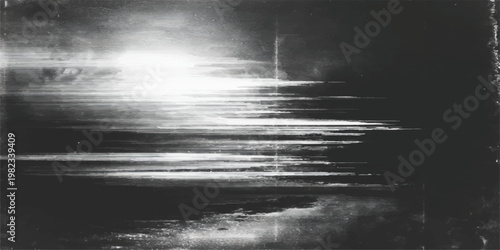 An abstract black and white grunge background featuring dark stormy clouds and mist over a night sea with a texture of smoke and moonlight