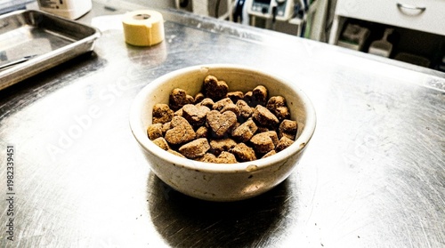 Bowl of heart-shaped pet food on a stainless steel surface in a veterinary clinic, with medical equipment and supplies visible in the background