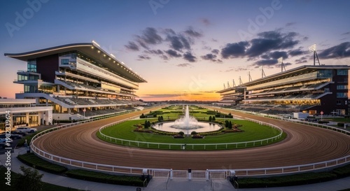 Race track with grandstands and a fountain against a twilight sky scene