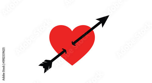 Minimalist vector graphic illustration of a red heart shape being pierced by a sharp black arrow