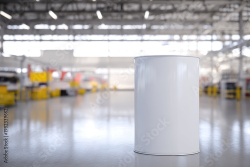 A large blank white oil barrel standing alone in a bright factory, product packaging mockup