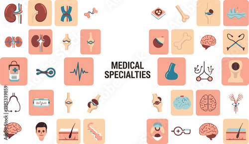 Quadro su tela Medical specialties icon set with healthcare symbols organs tools and clinical f