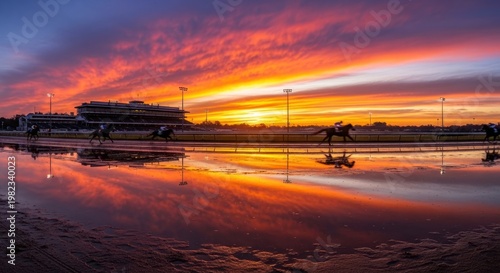 Dramatic sunset scene over race track with horses and water reflection