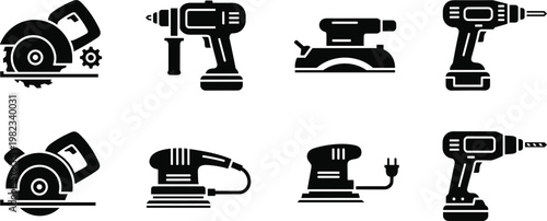 Professional power tool icon set featuring circular saw, electric drill, sander, and cordless screwdriver for construction, woodworking, and industrial projects