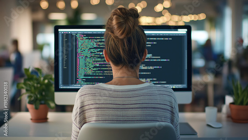 Smiling Female Programmer in Office with Code on Screen