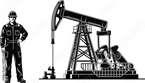 Professional Oil Rig Worker Standing Next to Pump Jack Silhouette for Energy Industry Petroleum Extraction Fuel Production and Industrial Engineering Projects