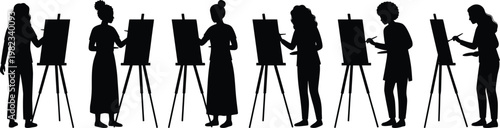 Professional vector set of seven female artist silhouettes painting at easels for use in creative industry branding and gallery advertising