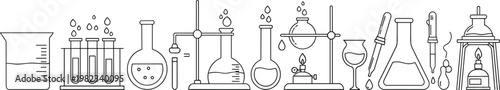 Minimal line laboratory equipment set with beakers flasks test tubes and scientific experiment tools in outline style isolated on white background