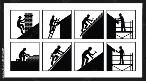 Roofing construction worker icons set featuring roofers repairing shingles installing chimneys and bricklayers for home renovation building maintenance and professional contractor services