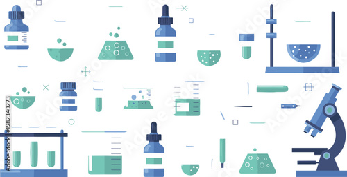 Modern laboratory equipment icon set with microscope test tubes flasks and scientific experiment elements in flat design isolated on white background