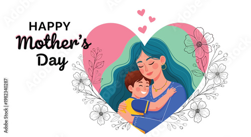 Heartfelt vector illustration graphic of a loving mother embracing her happy child for Mother's Day.