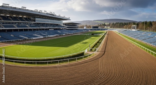 Panoramic view of a large stadium with race track and grandstand seating