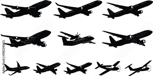 Set of airplane silhouettes featuring various aircraft types including commercial jets private planes and propeller aircraft for aviation and travel design projects