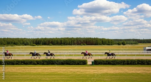 Racehorses and jockeys competing on a green track under a blue sky