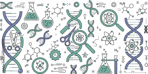 Molecular biology and DNA research vector illustration set featuring genetics laboratory elements molecules chemistry structures and genome analysis in modern flat design