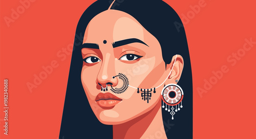 Digital illustration of a beautiful Indian woman with traditional jewelry and facial markings.