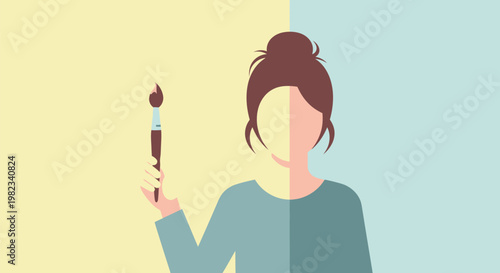 A flat vector illustration of a young woman artist holding a paintbrush.