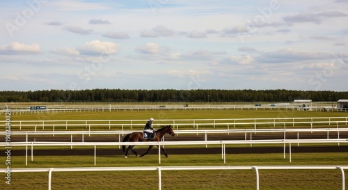 Horse and rider on racetrack equestrian scene in daylight horizontal view