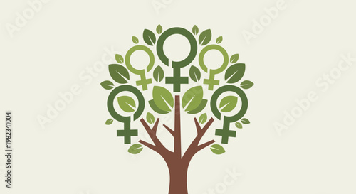 A symbolic illustration of a tree formed by female gender signs and green leaves.