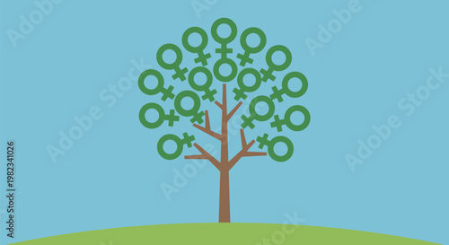 Conceptual illustration of a tree with female gender symbols as leaves.